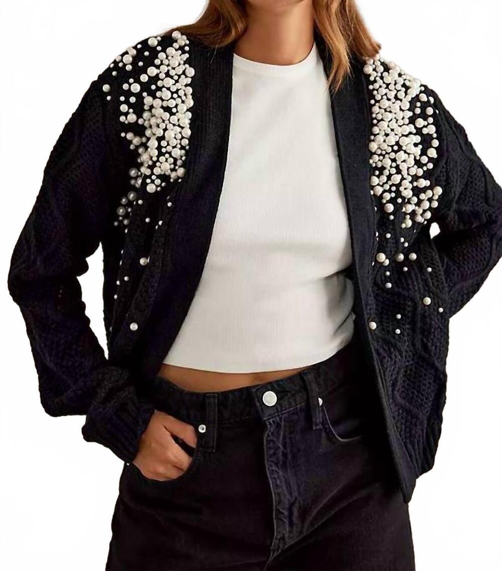NEW FUNSPORT pearl embellished cable knit cardigan in black